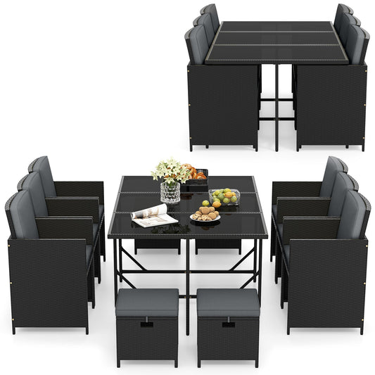 11 Pieces Patio Dining Set with Ottomans for Garden Yard Poolside-Grey