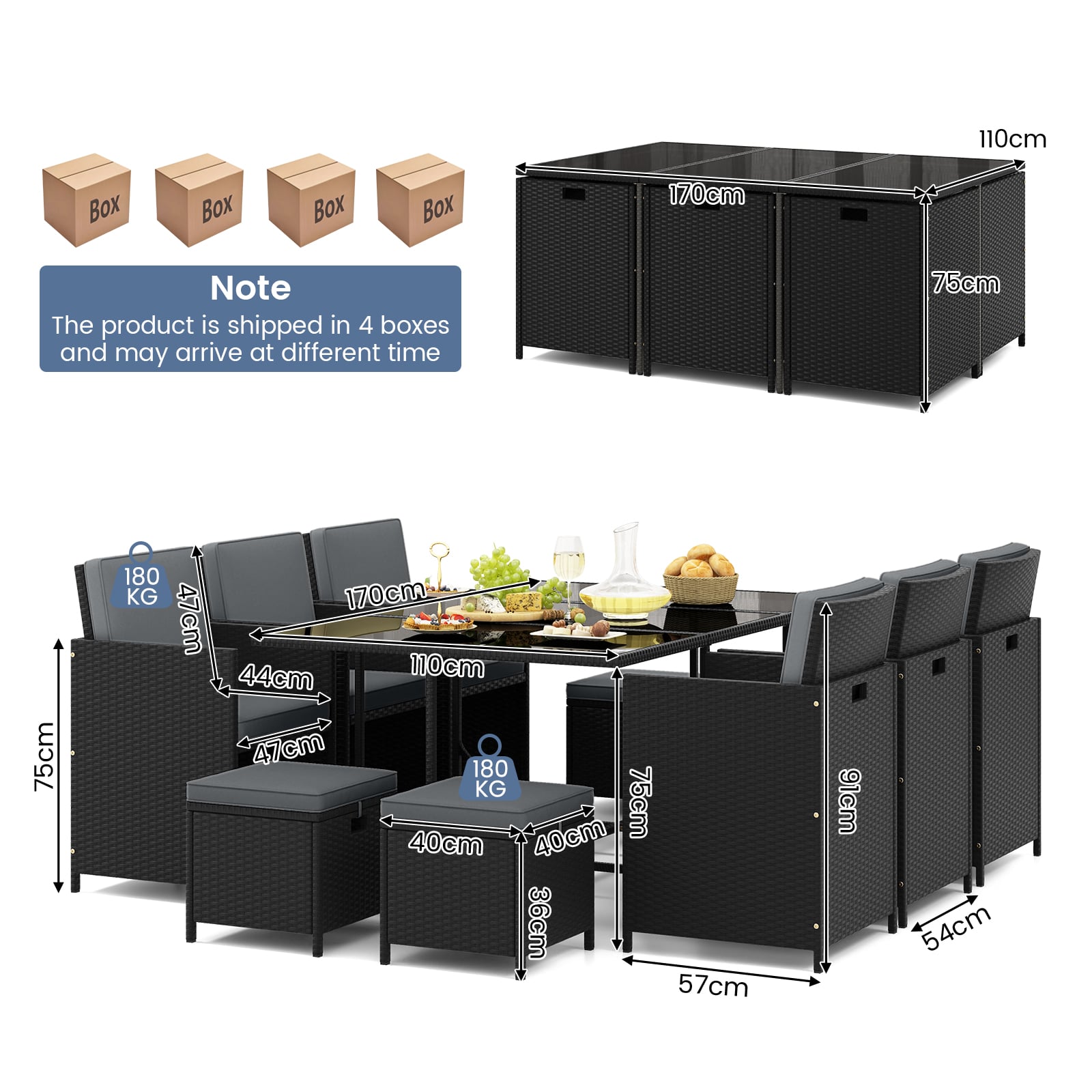 11 Pieces Patio Dining Set with Ottomans for Garden Yard Poolside-Grey