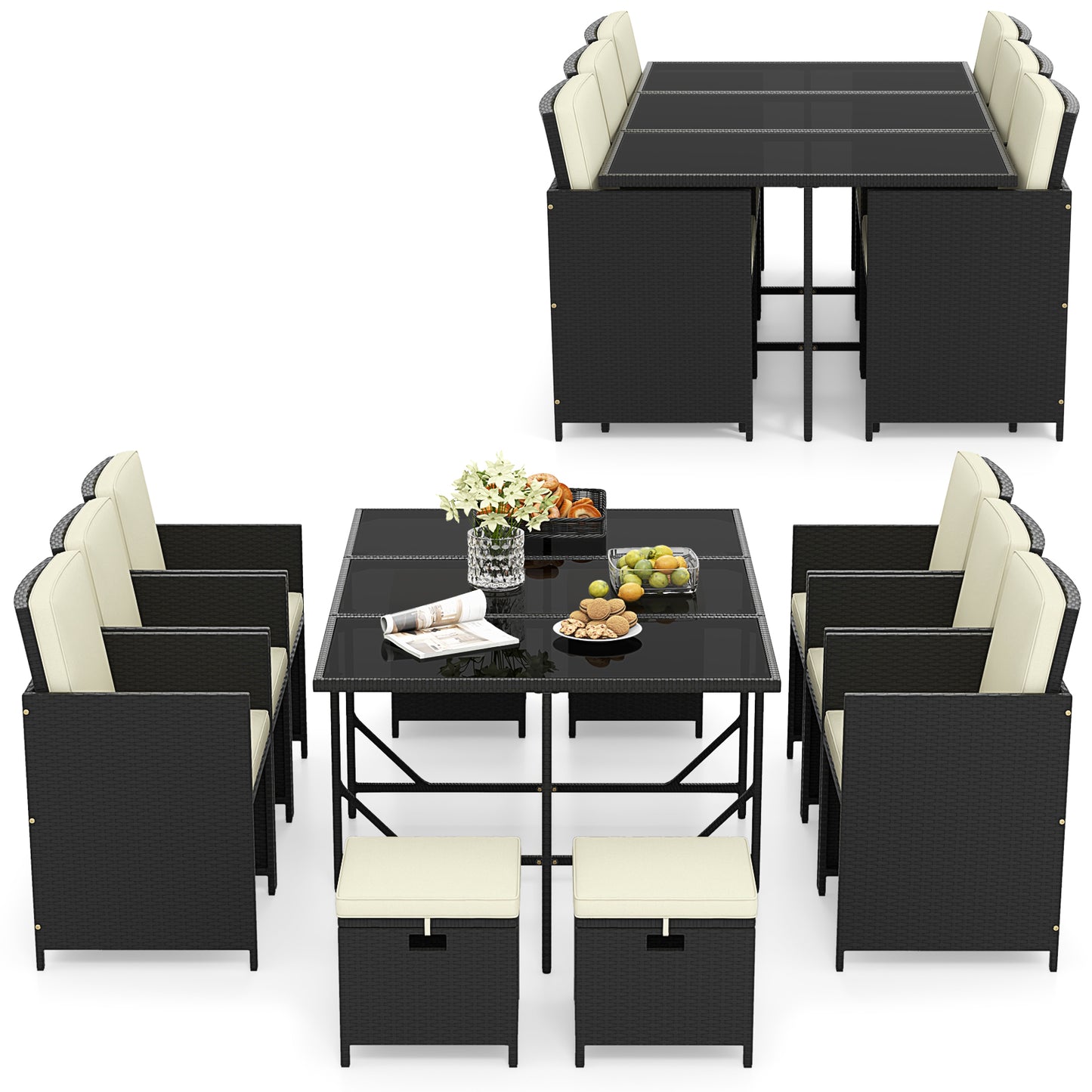 11 Pieces Patio Dining Set with Ottomans for Garden Yard Poolside-White