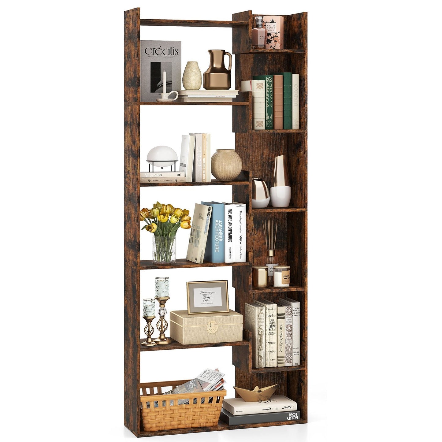 11-Shelf Wooden Bookshelf with 2 Anti-Tipping Kits-Rustic Brown