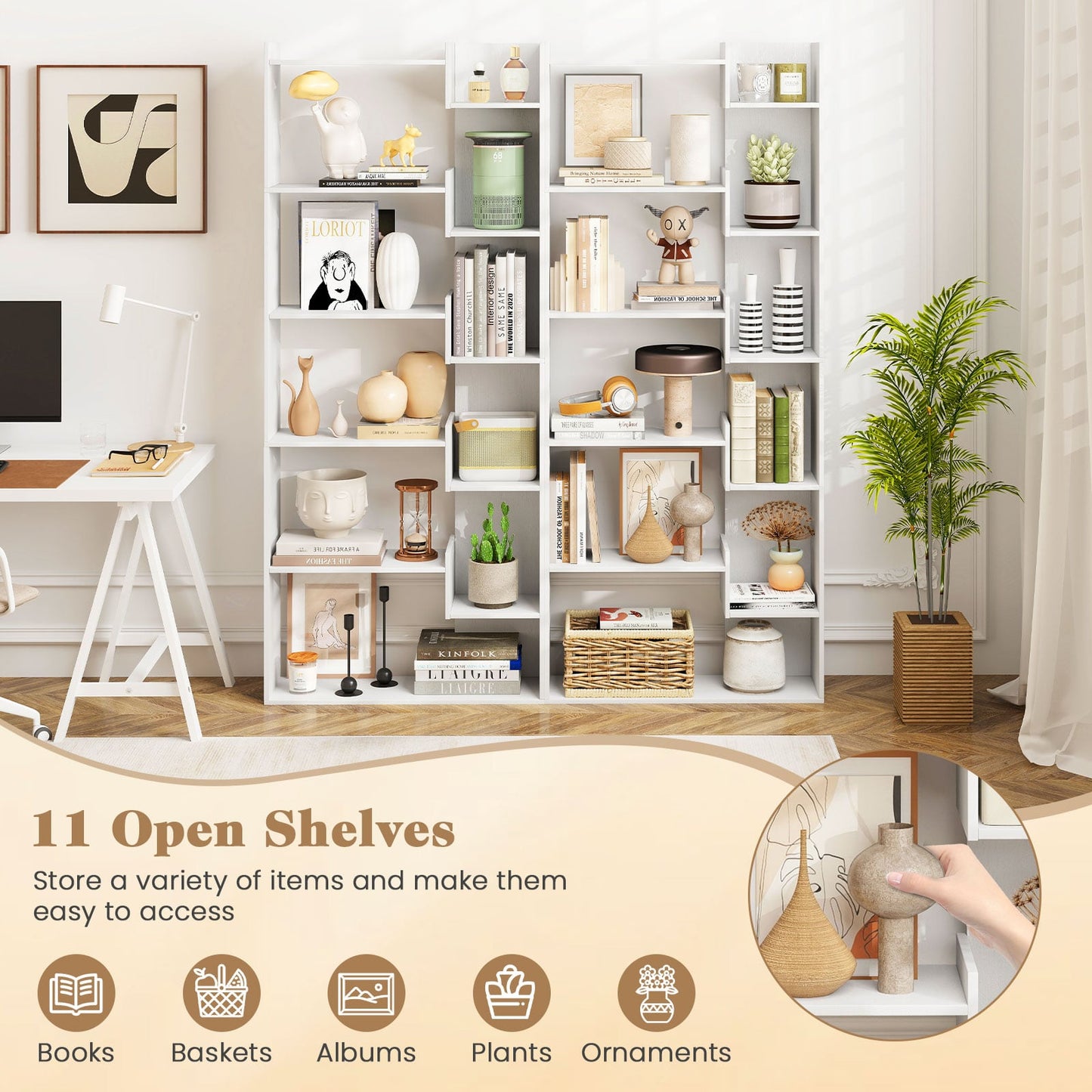 11-Shelf Wooden Bookshelf with 2 Anti-Tipping Kits-White