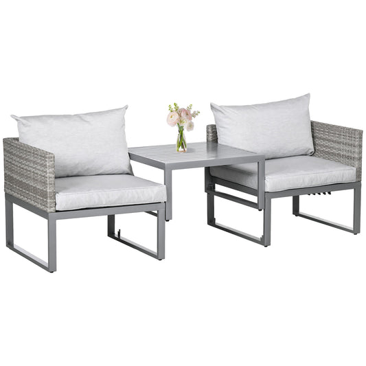 Zestaw Outsunny 3 w 1 Rattan Bistro, Zestaw mebli ogrodowych z wikliny z 2-poziomowym podnoszonym stołem, Regulowana 3-osobowa sofa leżanka ze zmywalnymi poduszkami na zewnątrz, patio, balkon, Szary