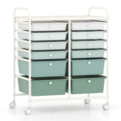 12 Drawers Rolling Storage Cart with 4 Wheels and Brakes-Green