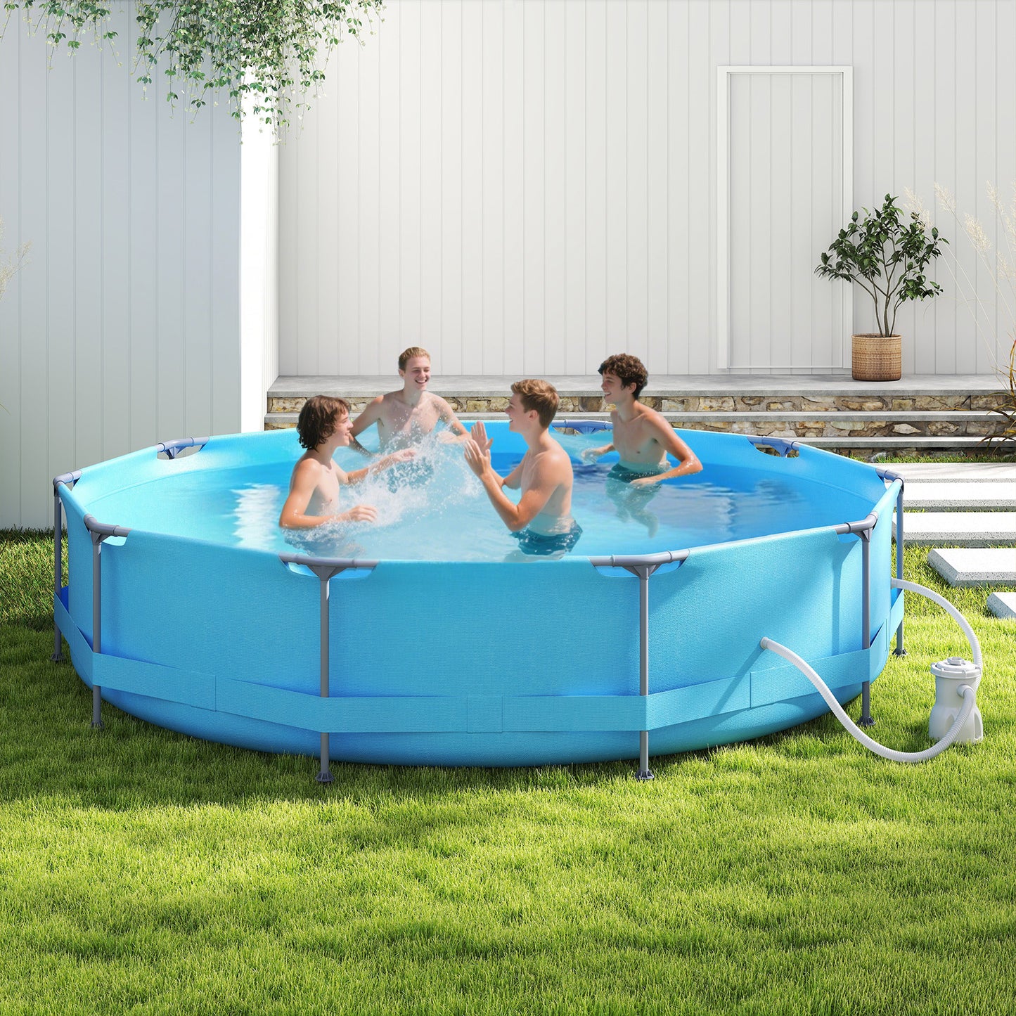 12 Feet Round Outdoor Framed Pool Set with Filter Pump