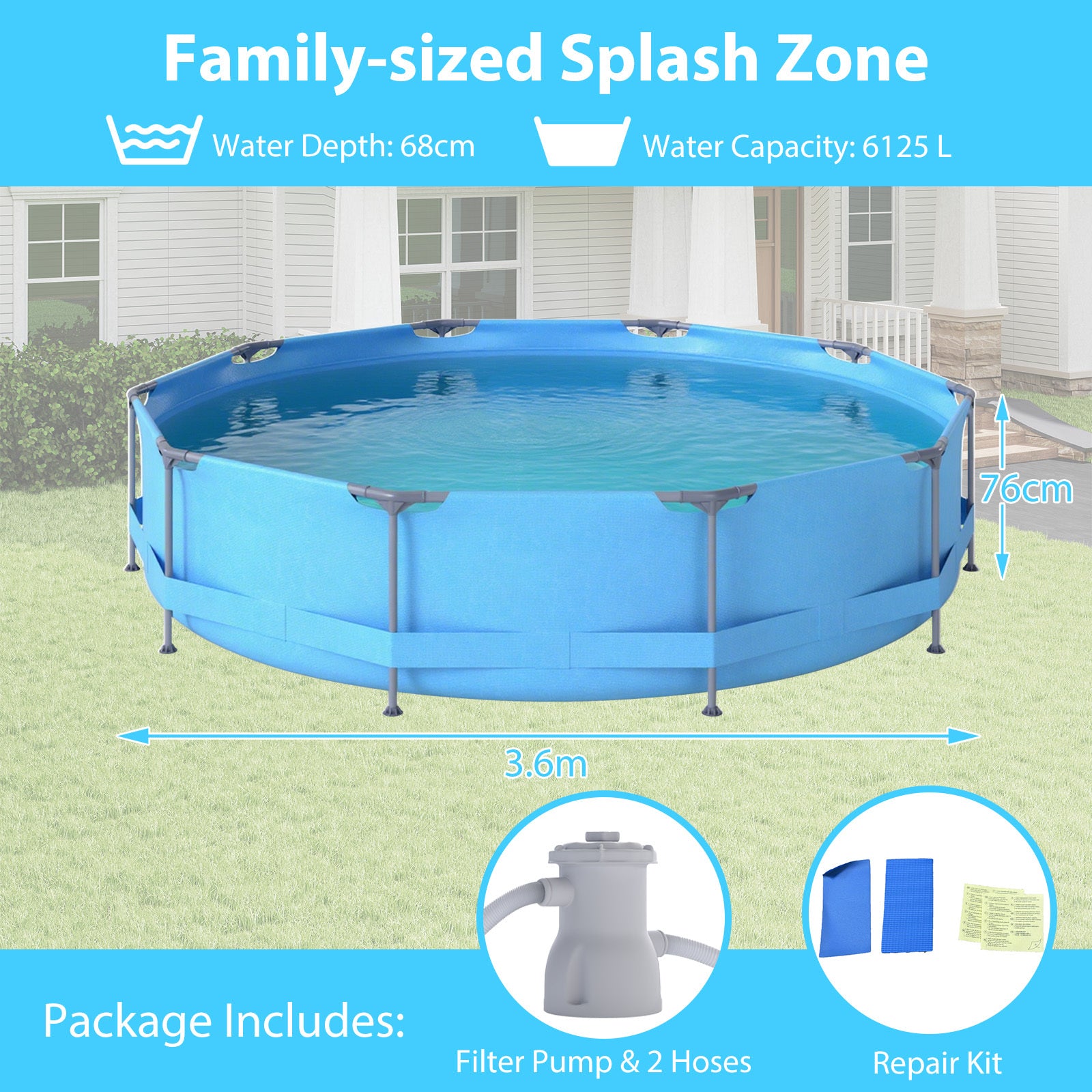 12 Feet Round Outdoor Framed Pool Set with Filter Pump