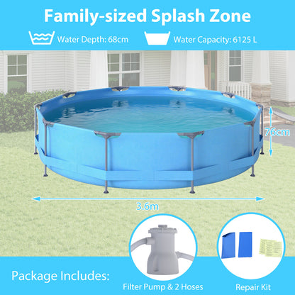 12 Feet Round Outdoor Framed Pool Set with Filter Pump