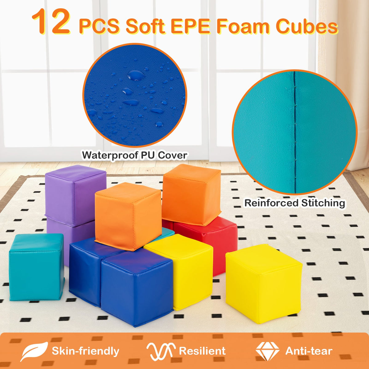 12 PCS Foam Building Blocks 5.5" x 5.5" Colorful Climbing Foam Soft Cubes for Kids-Colorful