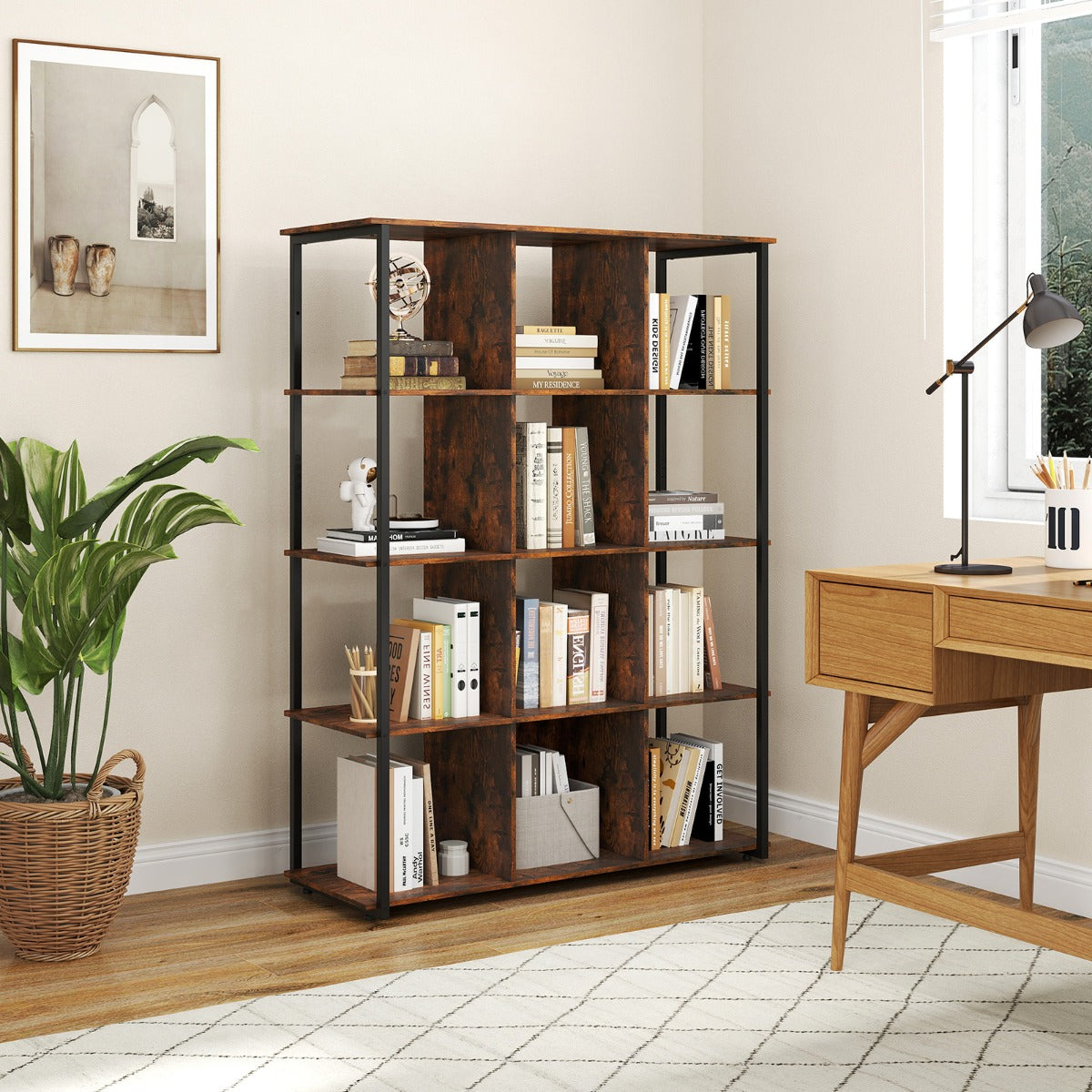 Industrial Open Shelf Display Rack with 2 Anti-tipping Kits for Living Room Bedroom Study-Rustic Brown