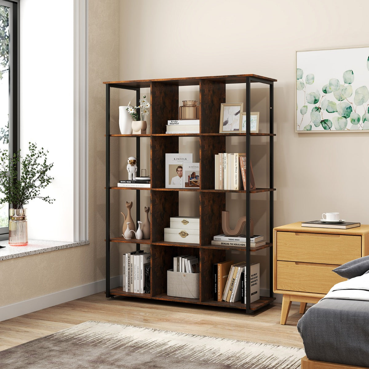 Industrial Open Shelf Display Rack with 2 Anti-tipping Kits for Living Room Bedroom Study-Rustic Brown