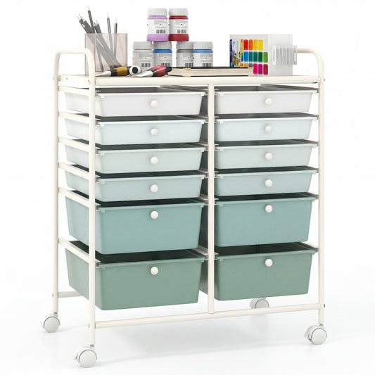 12 Drawers Rolling Storage Cart in Green