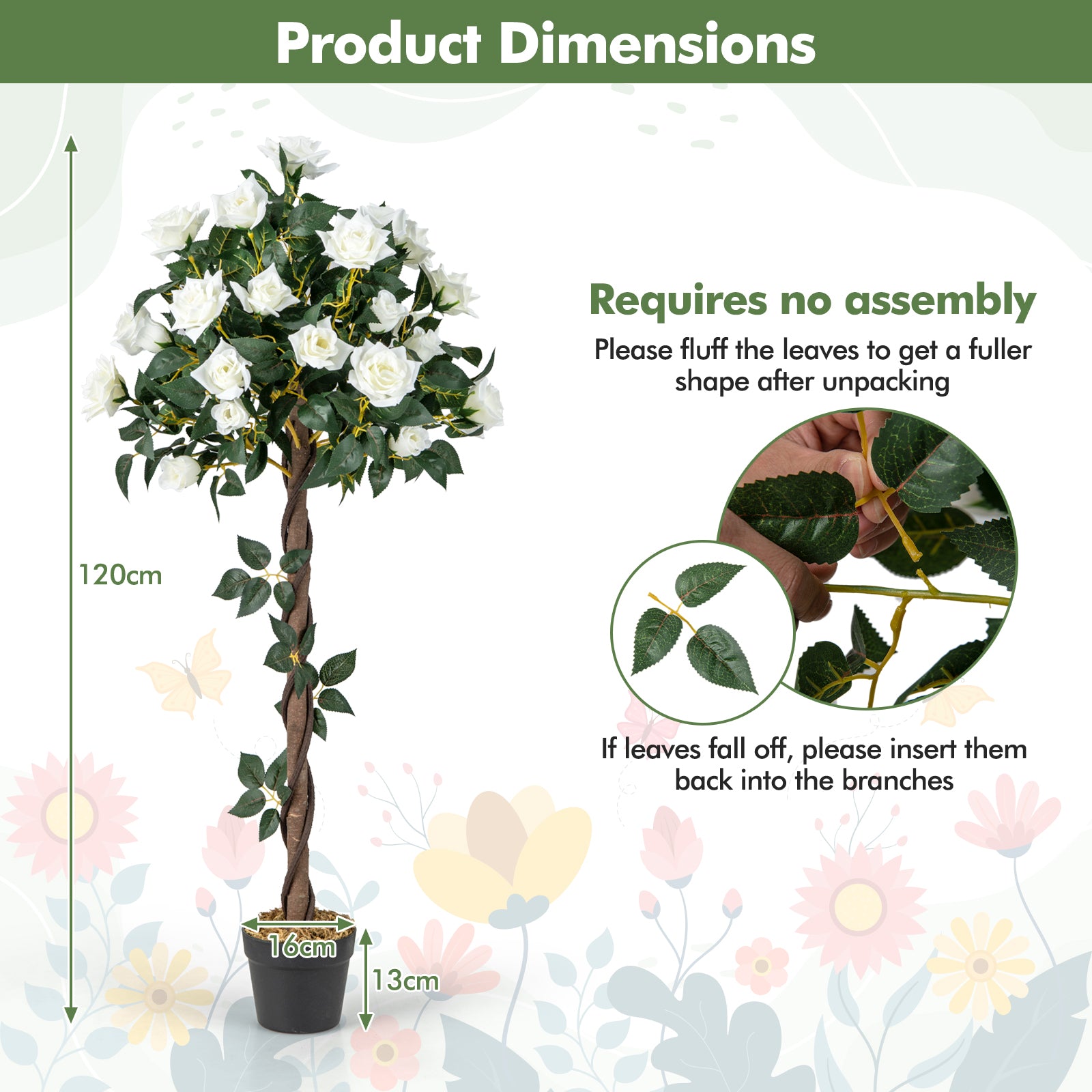 120 CM Artificial Flower Tree Faux Floral Plant Set of 2 with White Roses