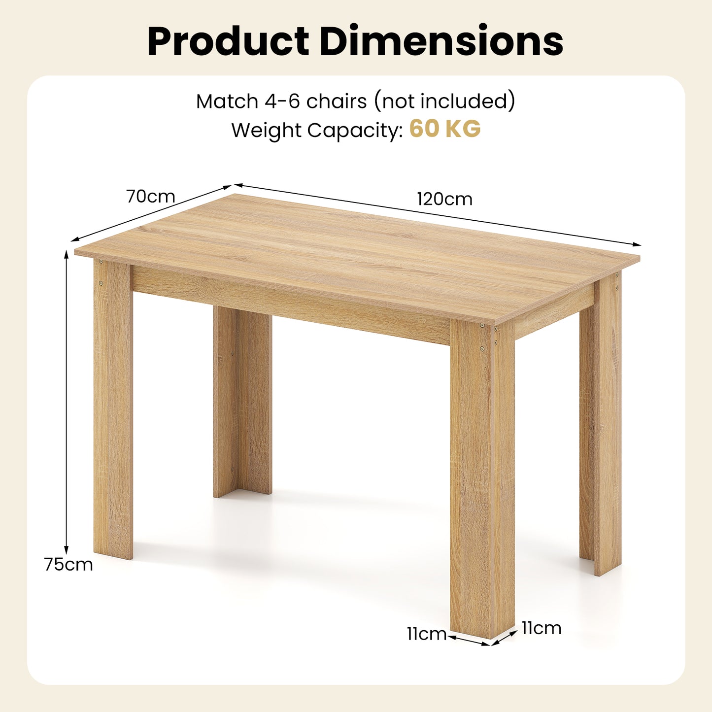 120 CM Dining Table for 4-6 People Wooden Rectangular Table Long Dinner Table-Natural
