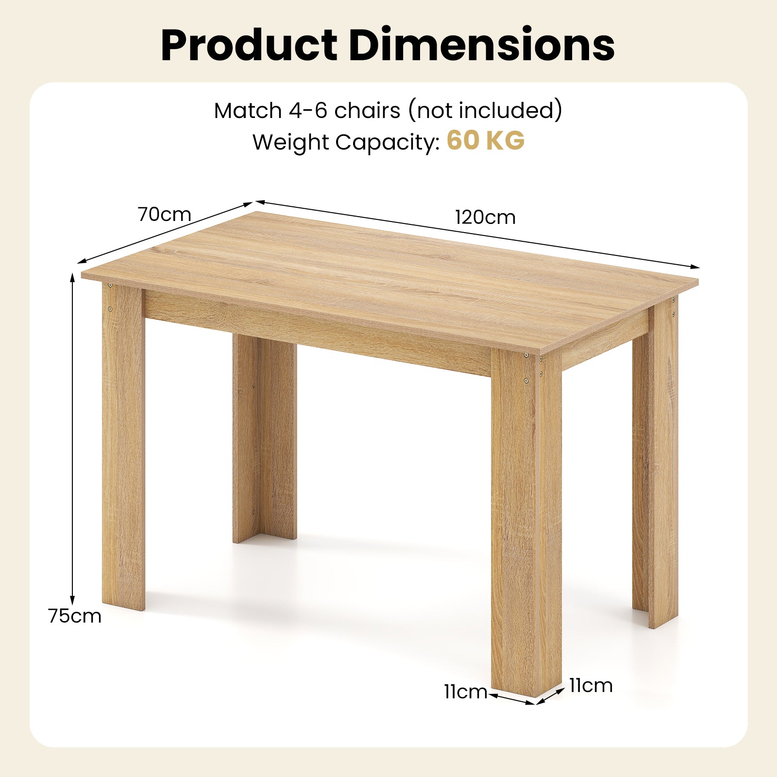120 CM Dining Table for 4-6 People Wooden Rectangular Table Long Dinner Table-Natural