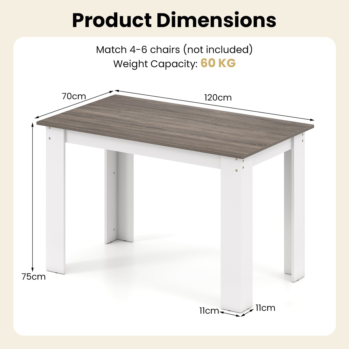 120 CM Dining Table for 4-6 People Wooden Rectangular Table Long Dinner Table-White
