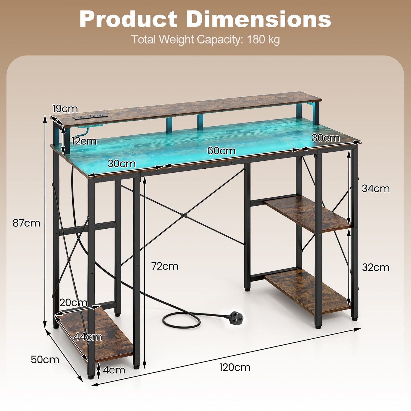 120 cm Computer Desk with Charging Station LED Lights and Storage Shelves-Rustic Brown