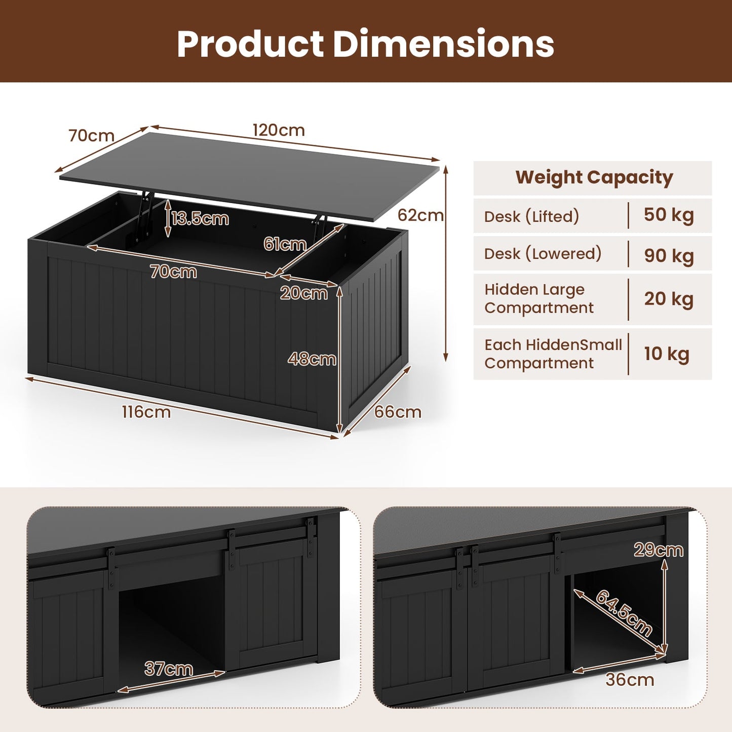 120 cm Lift Top Coffee Table with Barn Sliding Doors and Cabinets for Living Room-Blck