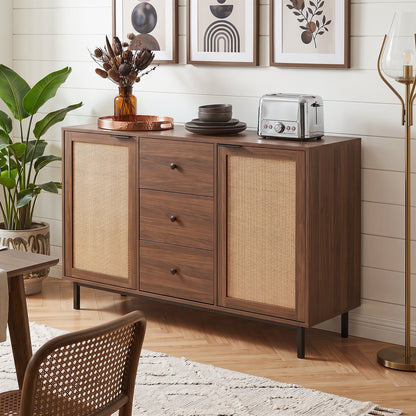 120 cm Sideboard Buffet Cabinet with Storage 2 Rattan Doors and 3 Drawers-Brown