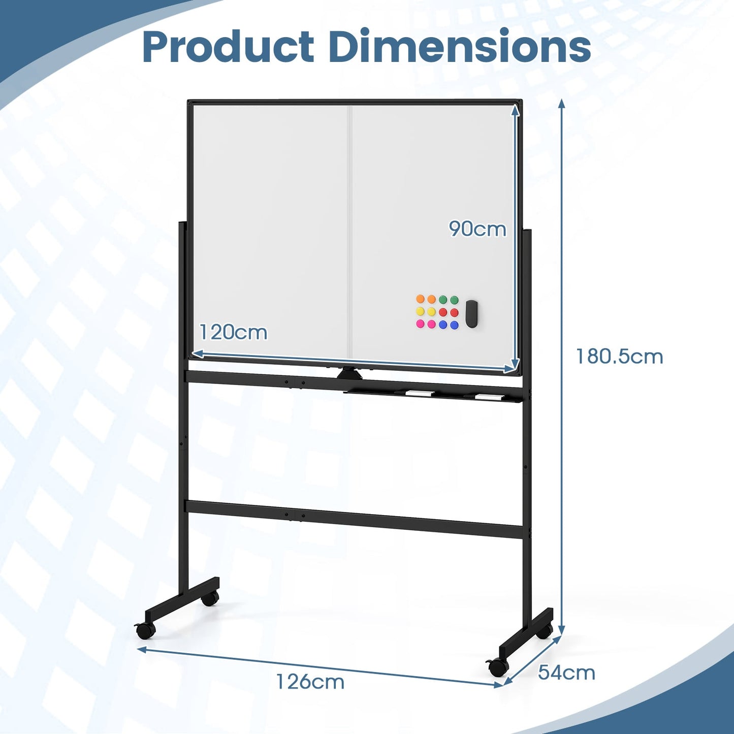 120 x 90 cm Mobile White Board with Lockable Universal Wheels and Double-Sided Magnetic Surface-Black