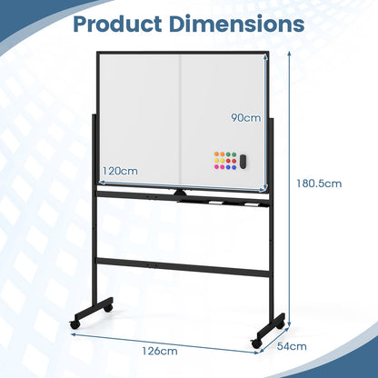120 x 90 cm Mobile White Board with Lockable Universal Wheels and Double-Sided Magnetic Surface-Black