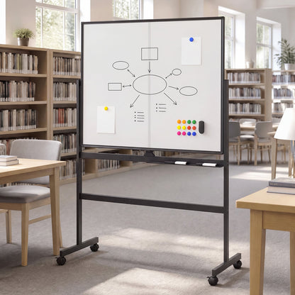 120 x 90 cm Mobile White Board with Lockable Universal Wheels and Double-Sided Magnetic Surface-Black