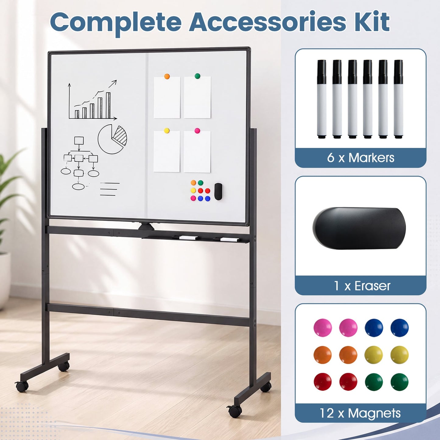 120 x 90 cm Mobile White Board with Lockable Universal Wheels and Double-Sided Magnetic Surface-Black