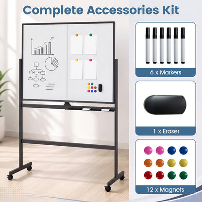 120 x 90 cm Mobile White Board with Lockable Universal Wheels and Double-Sided Magnetic Surface-Black