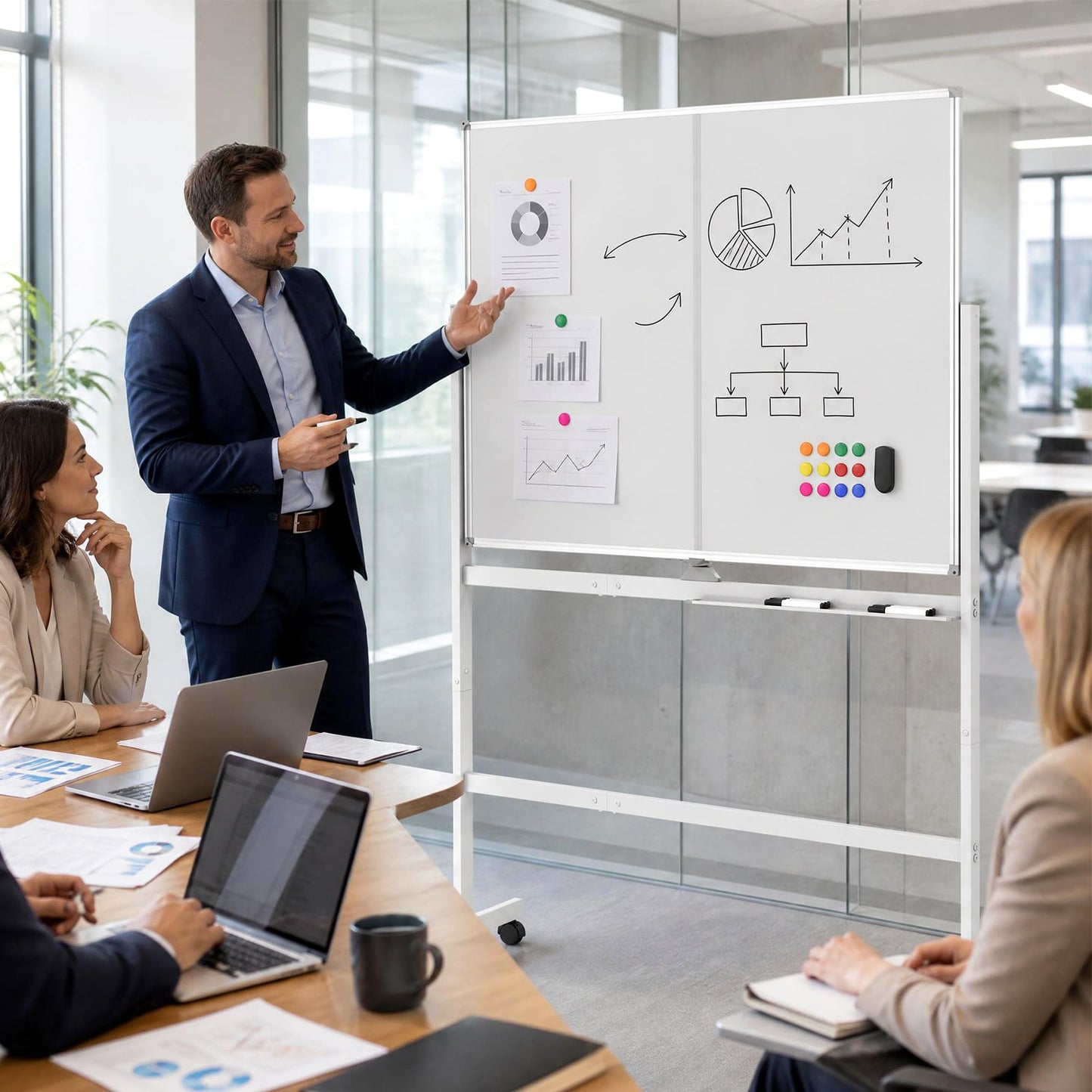 120 x 90 cm Mobile White Board with Lockable Universal Wheels and Double-Sided Magnetic Surface-White
