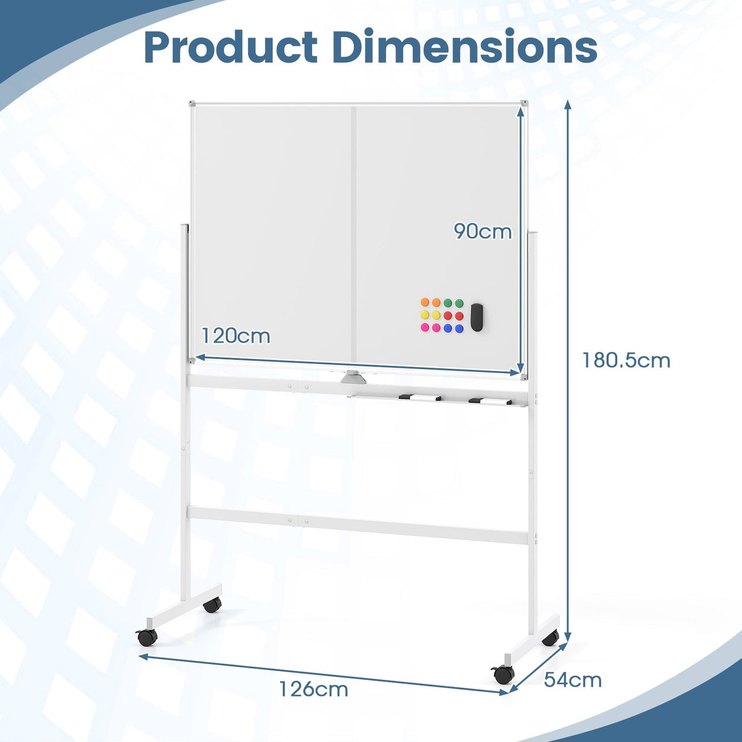 120 x 90 cm Mobile White Board with Lockable Universal Wheels and Double-Sided Magnetic Surface-White