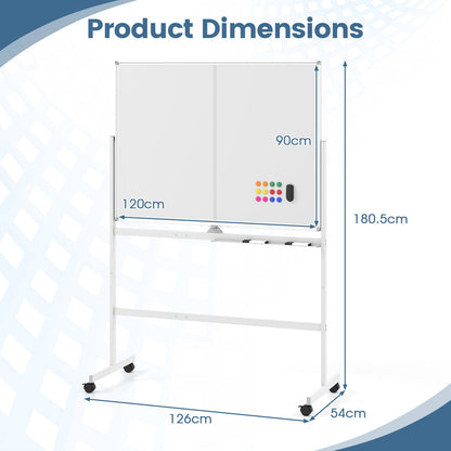 120 x 90 cm Mobile White Board with Lockable Universal Wheels and Double-Sided Magnetic Surface-White