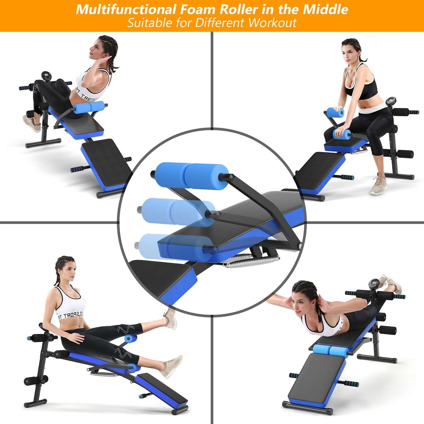 Multi Workout Weight Bench, Foldable, Adjustable with LCD-Blue