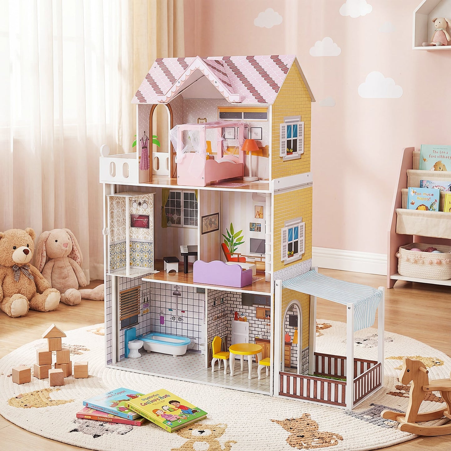 120CM Wooden Dollhouse with 16 Furniture Accessories for Kids Ages 3+-Pink
