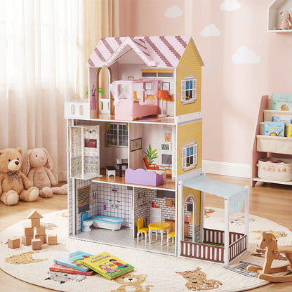 120CM Wooden Dollhouse with 16 Furniture Accessories for Kids Ages 3+-Pink
