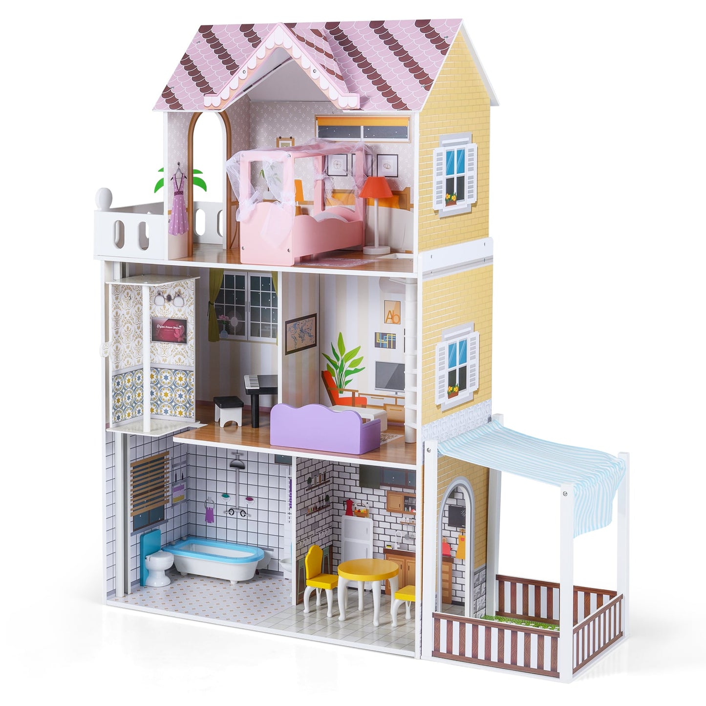 120CM Wooden Dollhouse with 16 Furniture Accessories for Kids Ages 3+-Pink