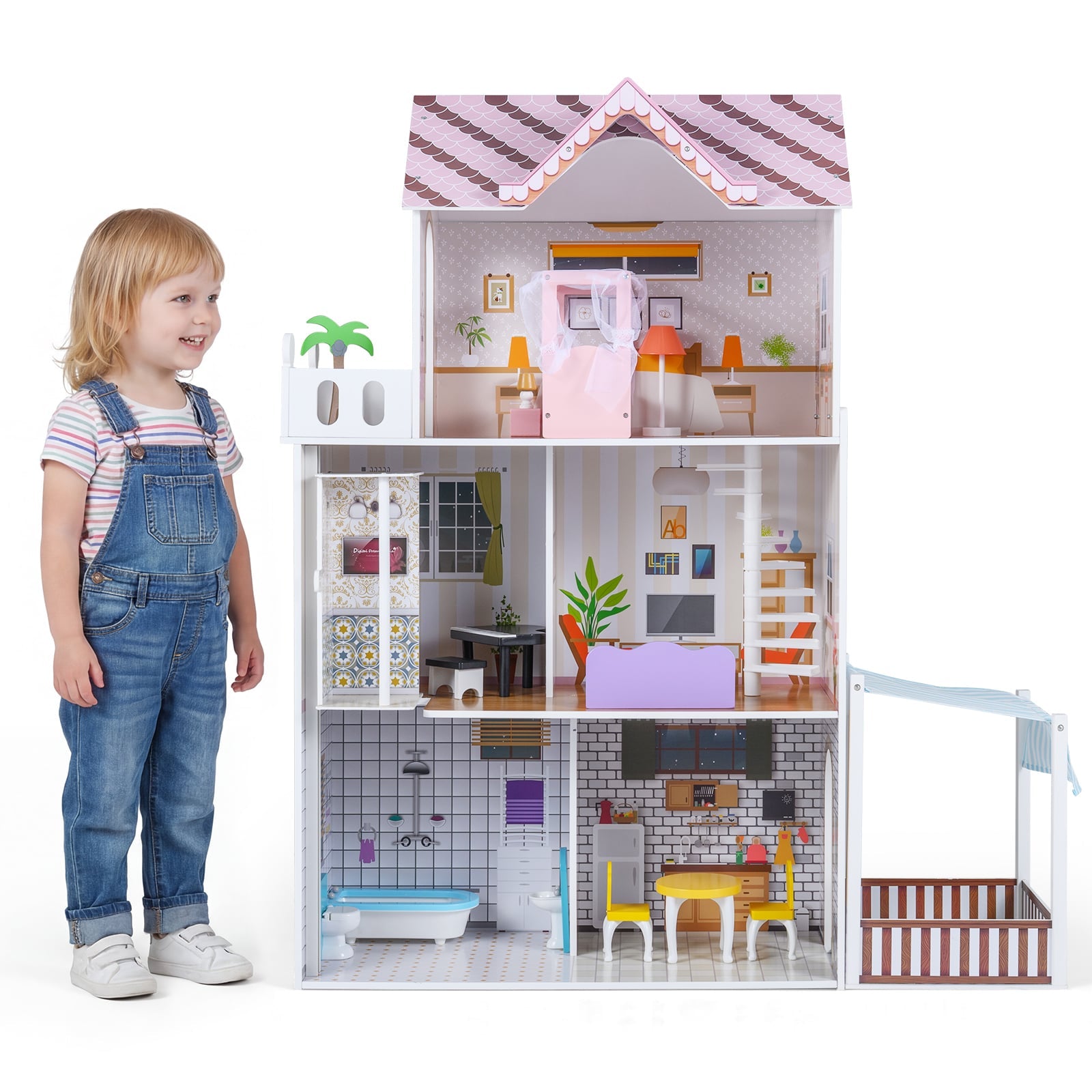 120CM Wooden Dollhouse with 16 Furniture Accessories for Kids Ages 3+-Pink
