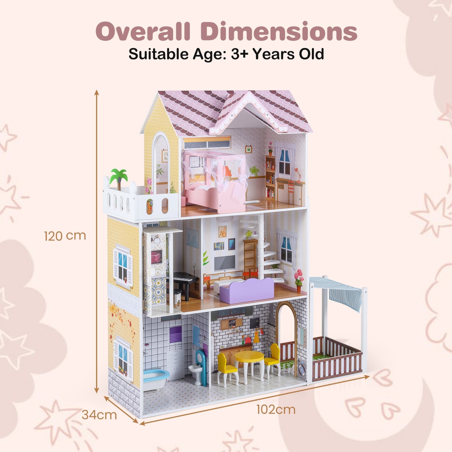 120CM Wooden Dollhouse with 16 Furniture Accessories for Kids Ages 3+-Pink