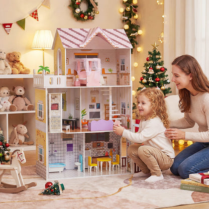 120CM Wooden Dollhouse with 16 Furniture Accessories for Kids Ages 3+-Pink