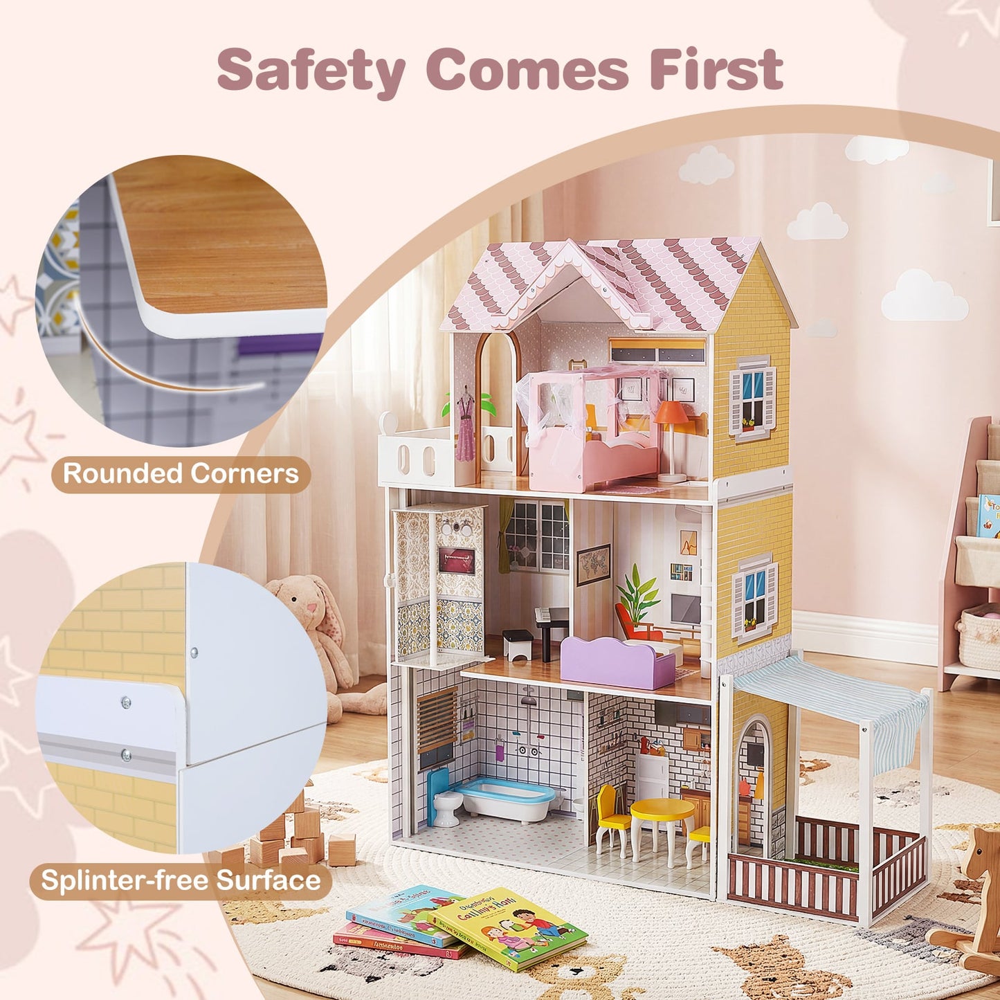 120CM Wooden Dollhouse with 16 Furniture Accessories for Kids Ages 3+-Pink