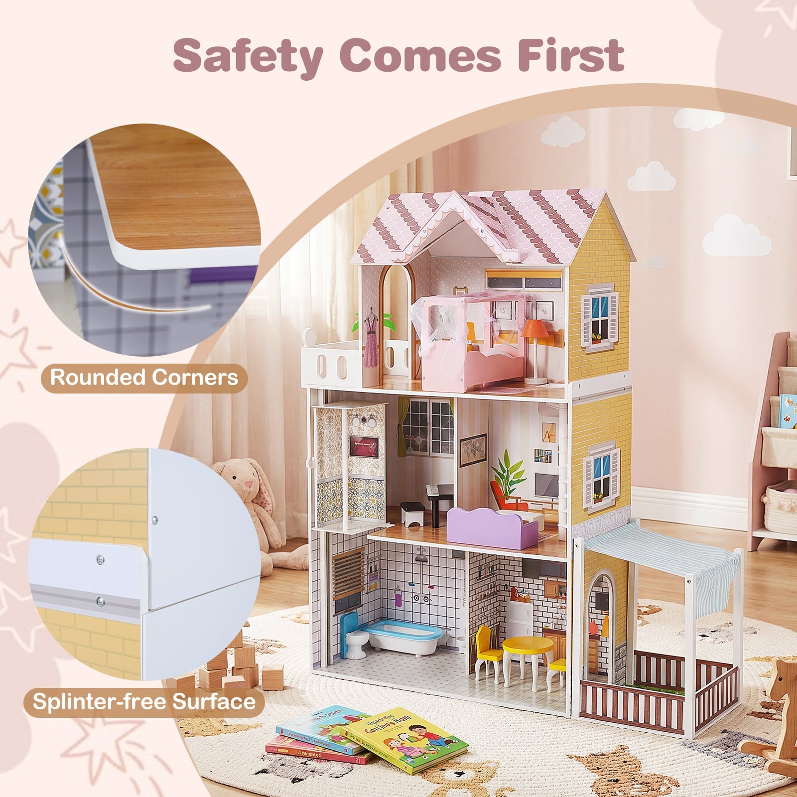120CM Wooden Dollhouse with 16 Furniture Accessories for Kids Ages 3+-Pink