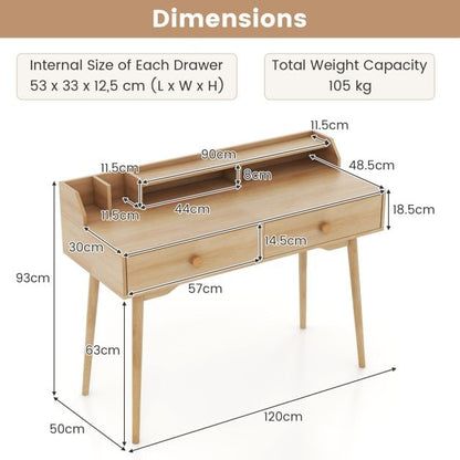 Biurko 120 CM z nadstawką i szufladami do sypialni - naturalne