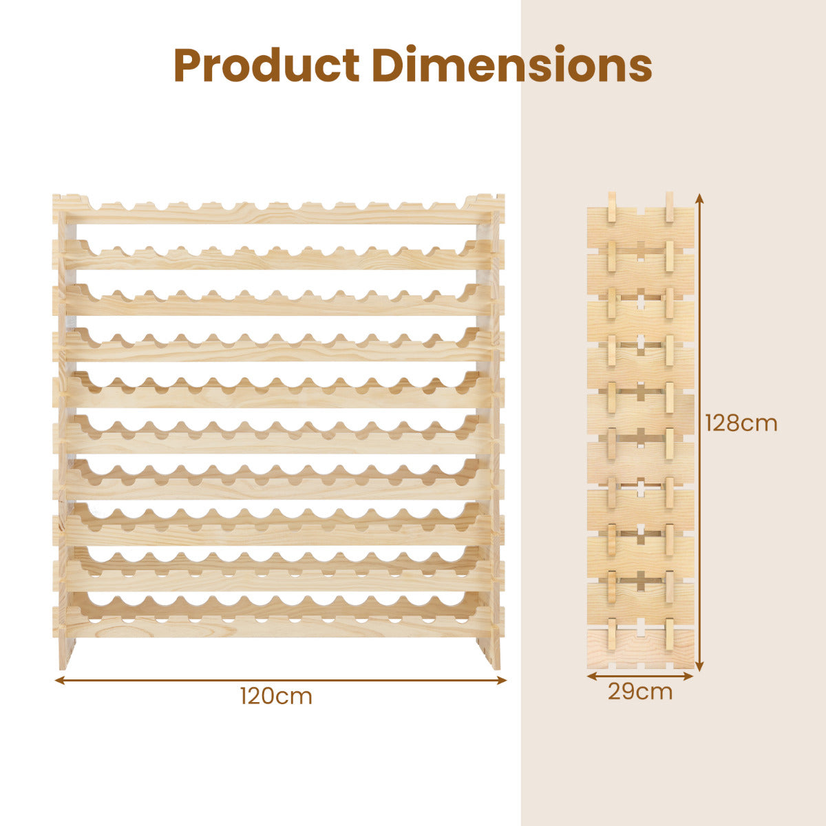 120 Bottles Wine Rack 10-Tier Stackable Wine Storage Stand-Natural