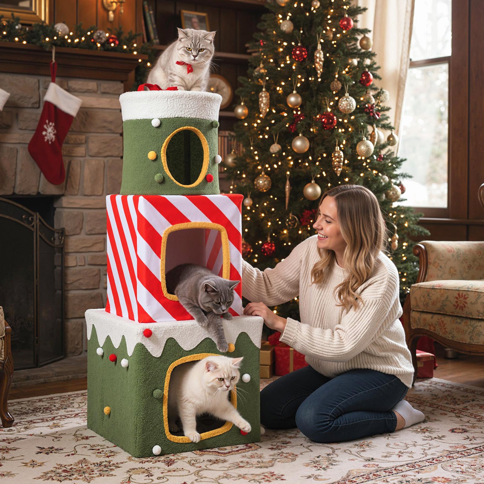 120 cm Cute Cat Climbing Furniture with 3 Condos and Hideaway Caves-Green