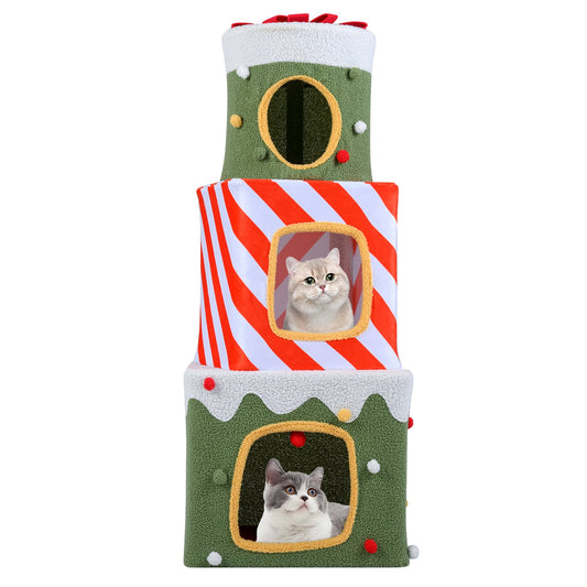 120 cm Cute Cat Climbing Furniture with 3 Condos and Hideaway Caves-Green