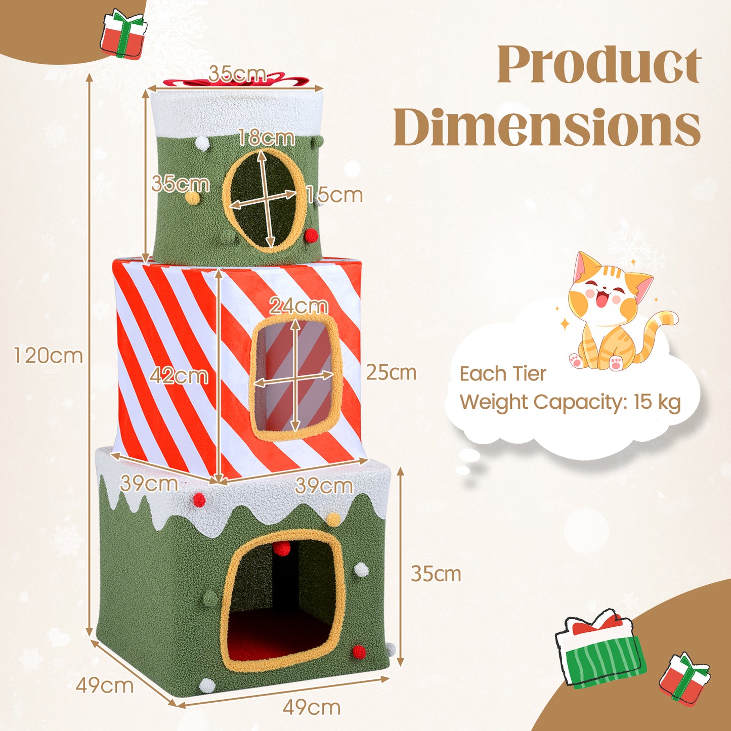 120 cm Cute Cat Climbing Furniture with 3 Condos and Hideaway Caves-Green
