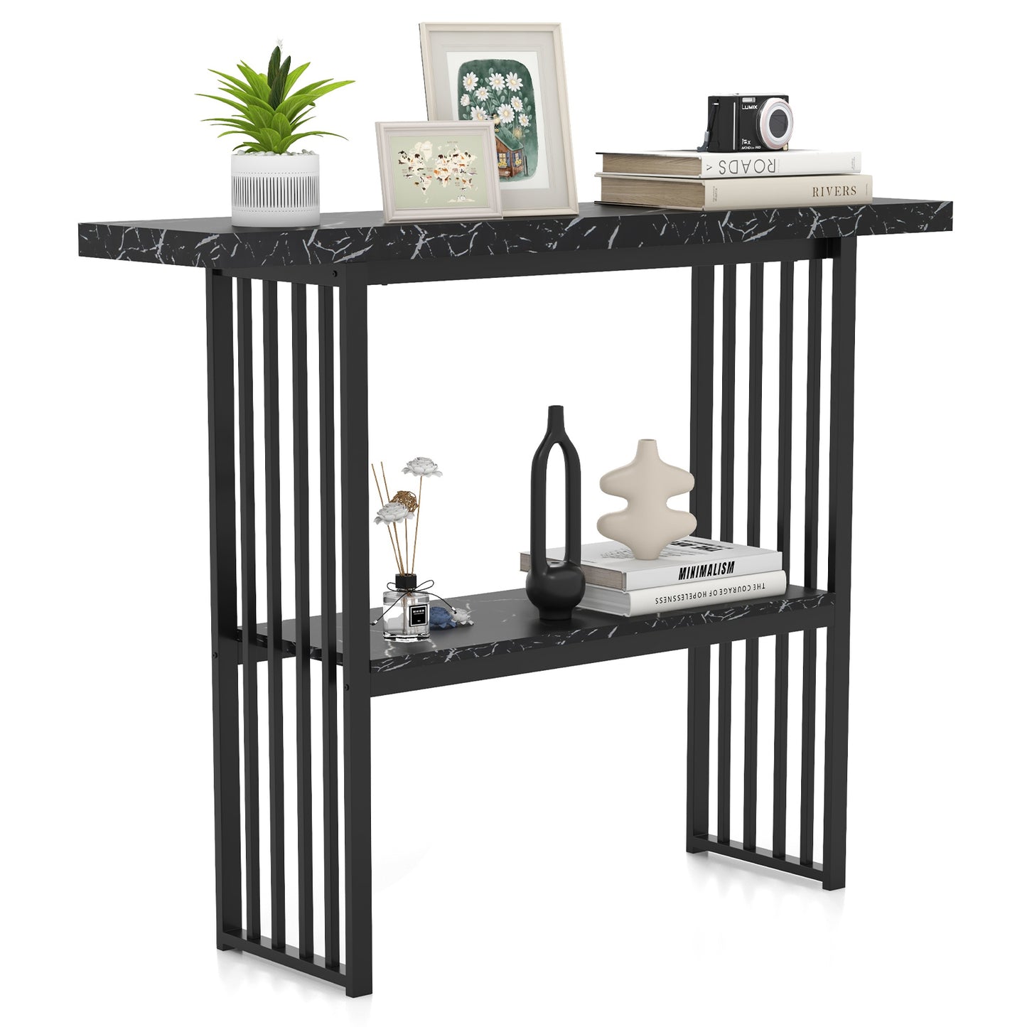 120 cm Long Narrow Console Table Faux Marble Entryway Table-Black