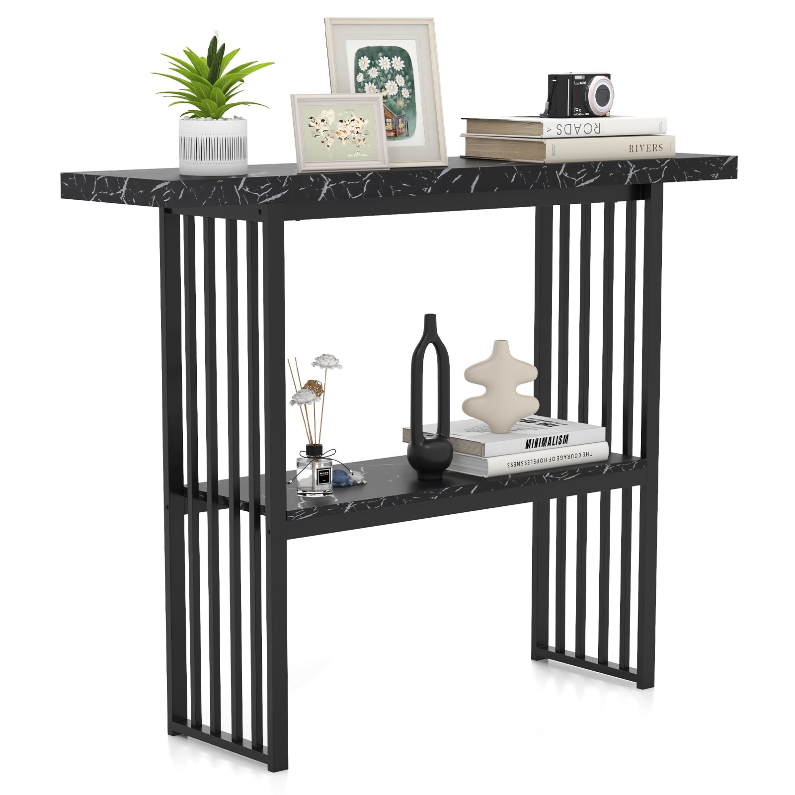 120 cm Long Narrow Console Table Faux Marble Entryway Table-Black