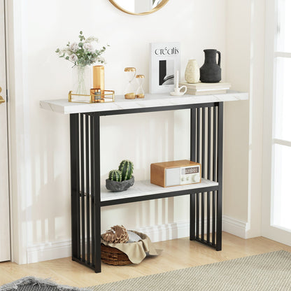 120 cm Long Narrow Console Table Faux Marble Entryway Table-White