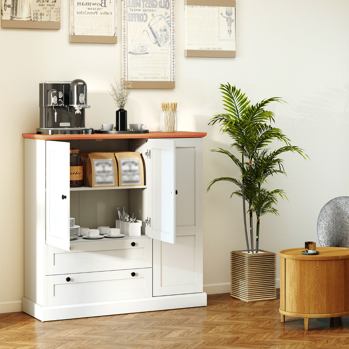 120 cm Kitchen Pantry with 3 Doors and 2 Large Drawers-White