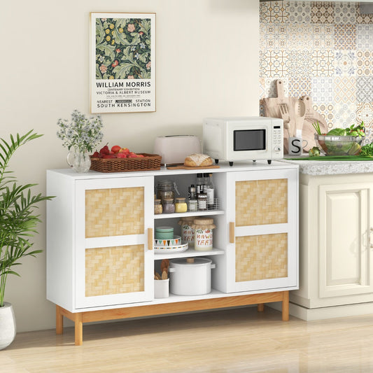 120 CM Sideboard Buffet Cabinet with 2 Bamboo Woven Doors and 3 Open Shelves-White