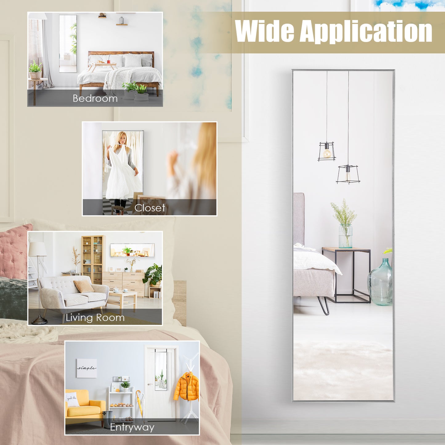 مرآة حائط بطول 120 × 37 سم مع خطاف قابل للتعديل - فضي