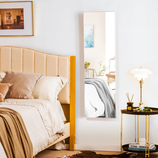 Lustro wiszące na ścianę o wymiarach 120 x 37 cm z regulowanym haczykiem – srebrne